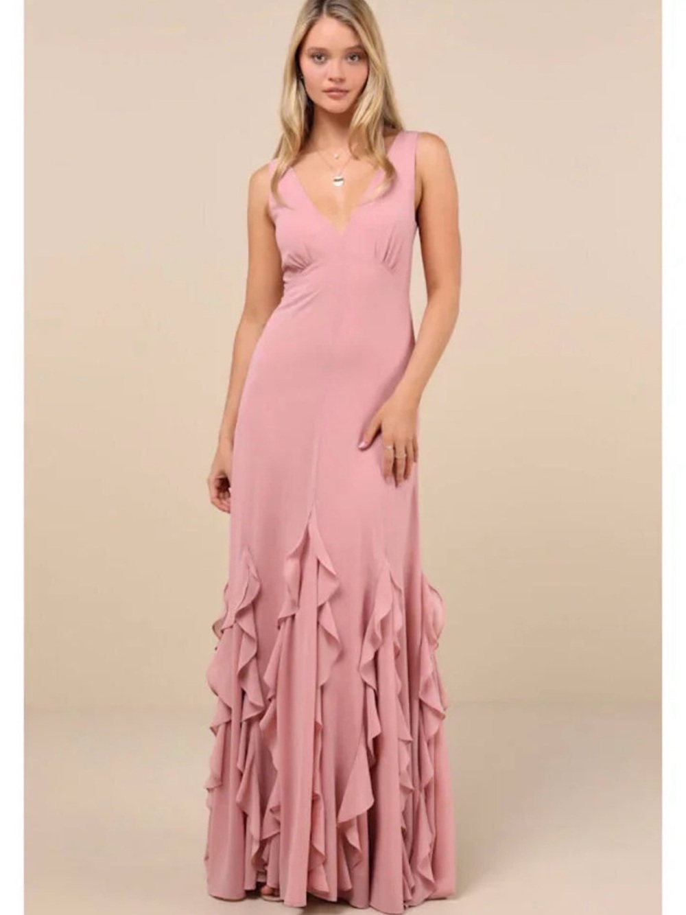 Lulu's Rose Pink V-Neck Ruffle Hem Maxi Dress -New with tags